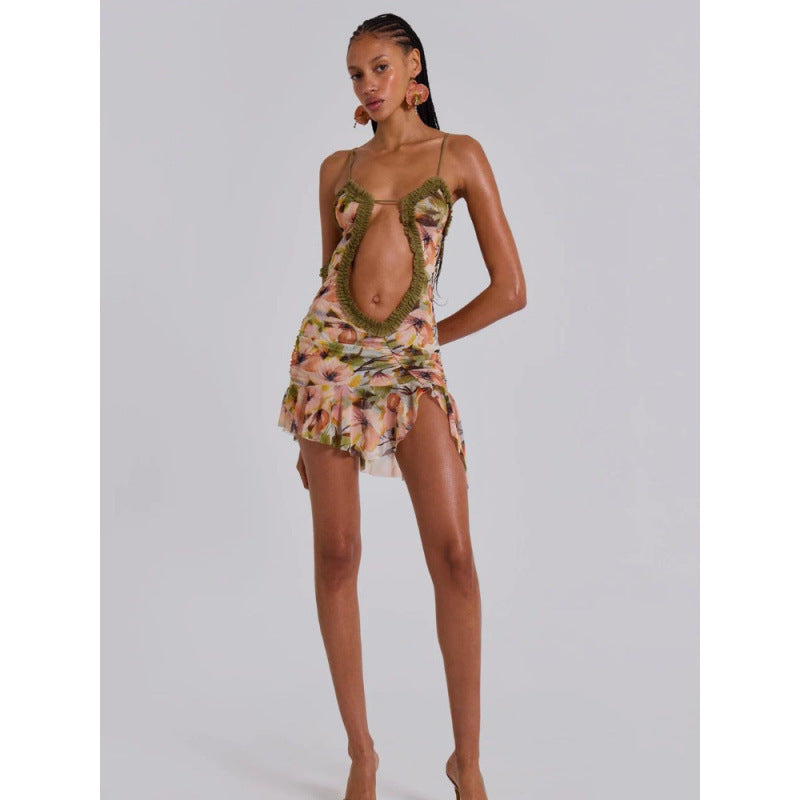 y2k cutout sexy print spaghetti strap mini dress backless sleeveless bodycon women's beach dress