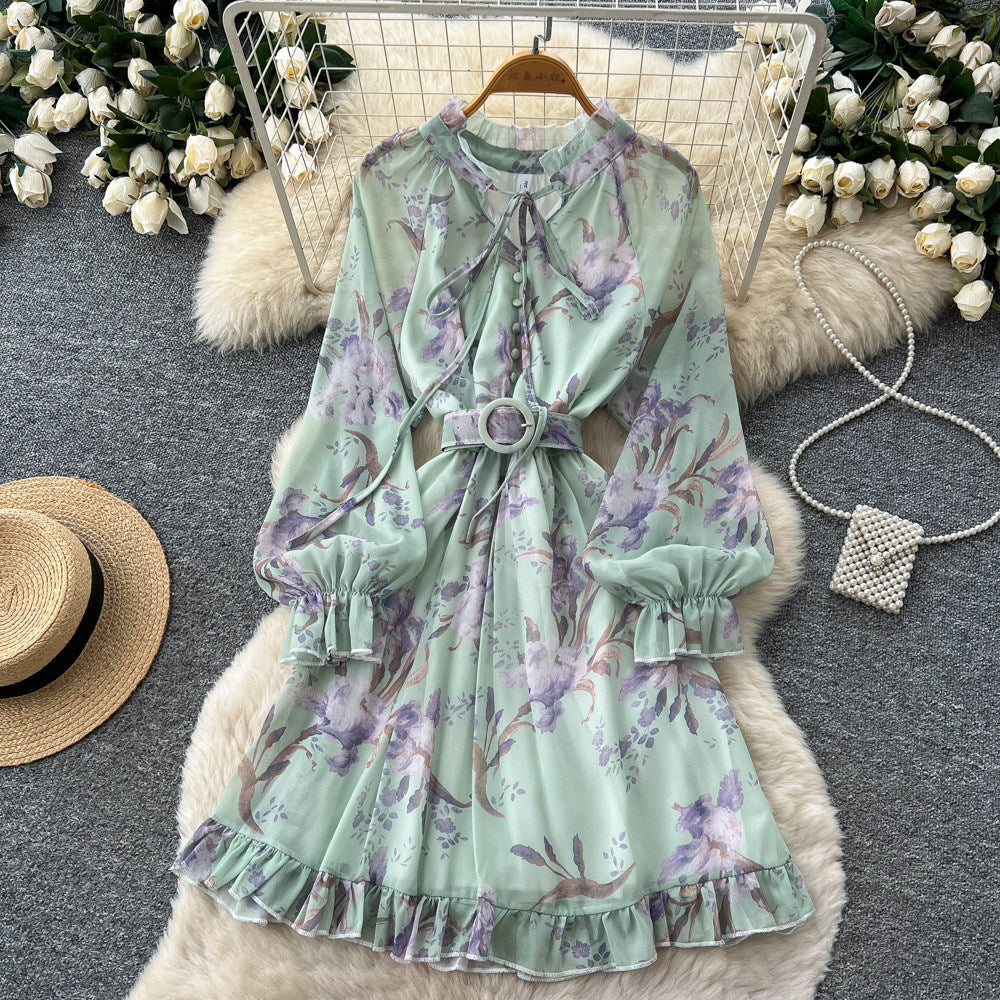 French print midi dress - women's summer long sleeve slim fit a-line dress - workwear, elegant, vacation style