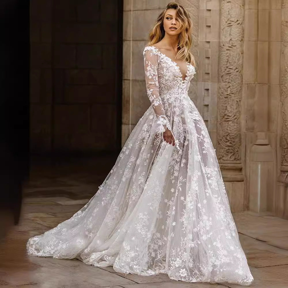 spring/summer new european and american style wedding dresses & evening gowns for cross-border e-commerce – -ready sexy lace long-sleeve dresses