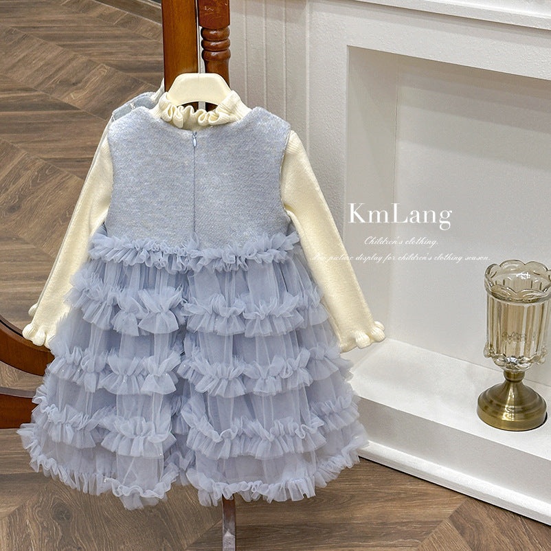 Girls' dress  autumn/winter collection: stylish fleece-lined vest dress with mesh tutu skirt - perfect for birthdays and first birthday celebrations