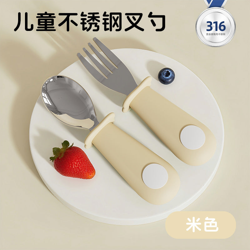 Baby silicone short-handled stainless steel fork and spoon set - self-feeding utensils for infants - cross-border hot seller