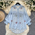 Accessible luxuryfrench styleclassy lantern sleeve shirt women's summer mesh hot diamond loose flesh-covering designeleganttops