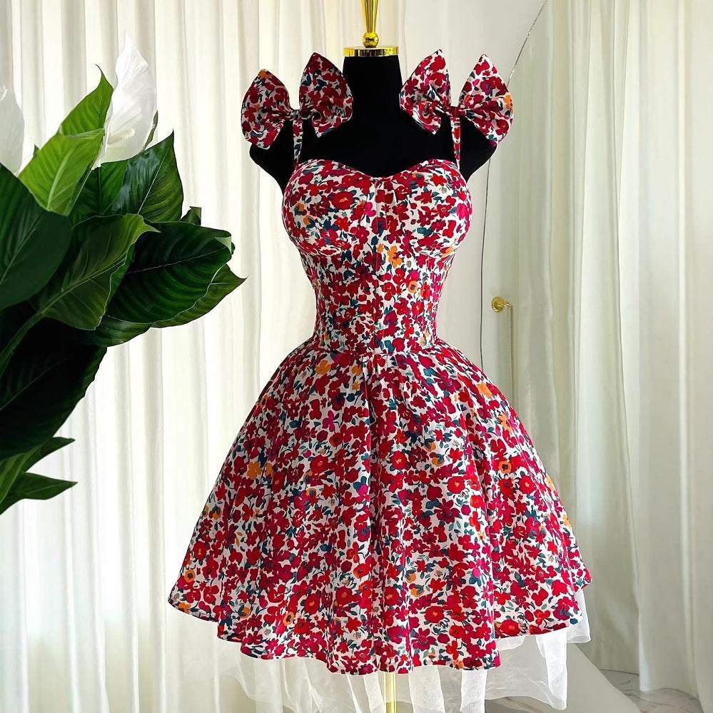 European and american women's clothing  spring elegant floral print camisole bow high-waisted slimming a-line mini dress