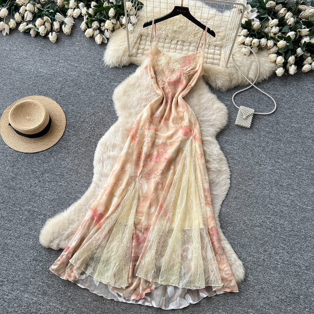 French riviera style pink floral print cami dress - women's summer korean high-waisted sleeveless slimming elegant maxi dress