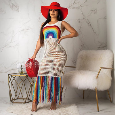 Amazon  hot selling fashion women's dress new arrival handmade rainbow cut out tassel beach long dress