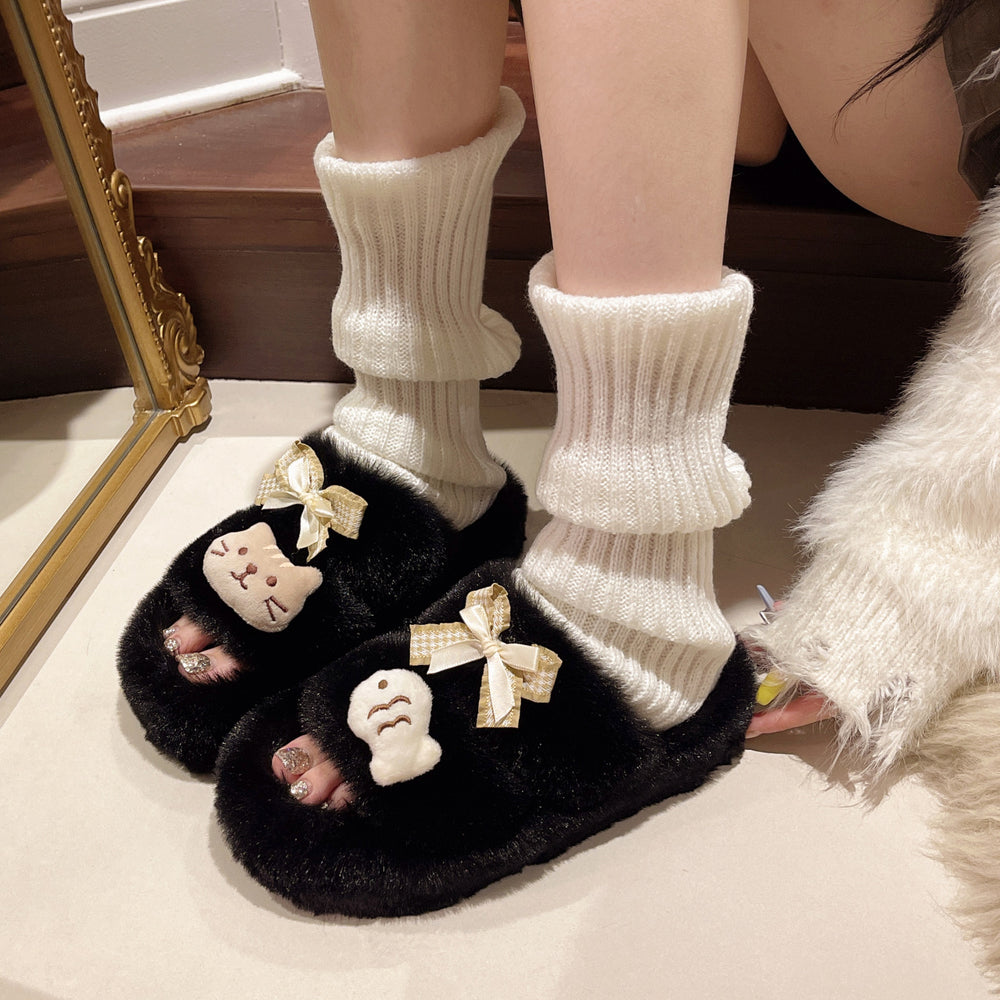 Home casual super popular kitten and small fish fur slippers women's casualnon-slip easy to wear fashioneasiest for match cotton slippers for women