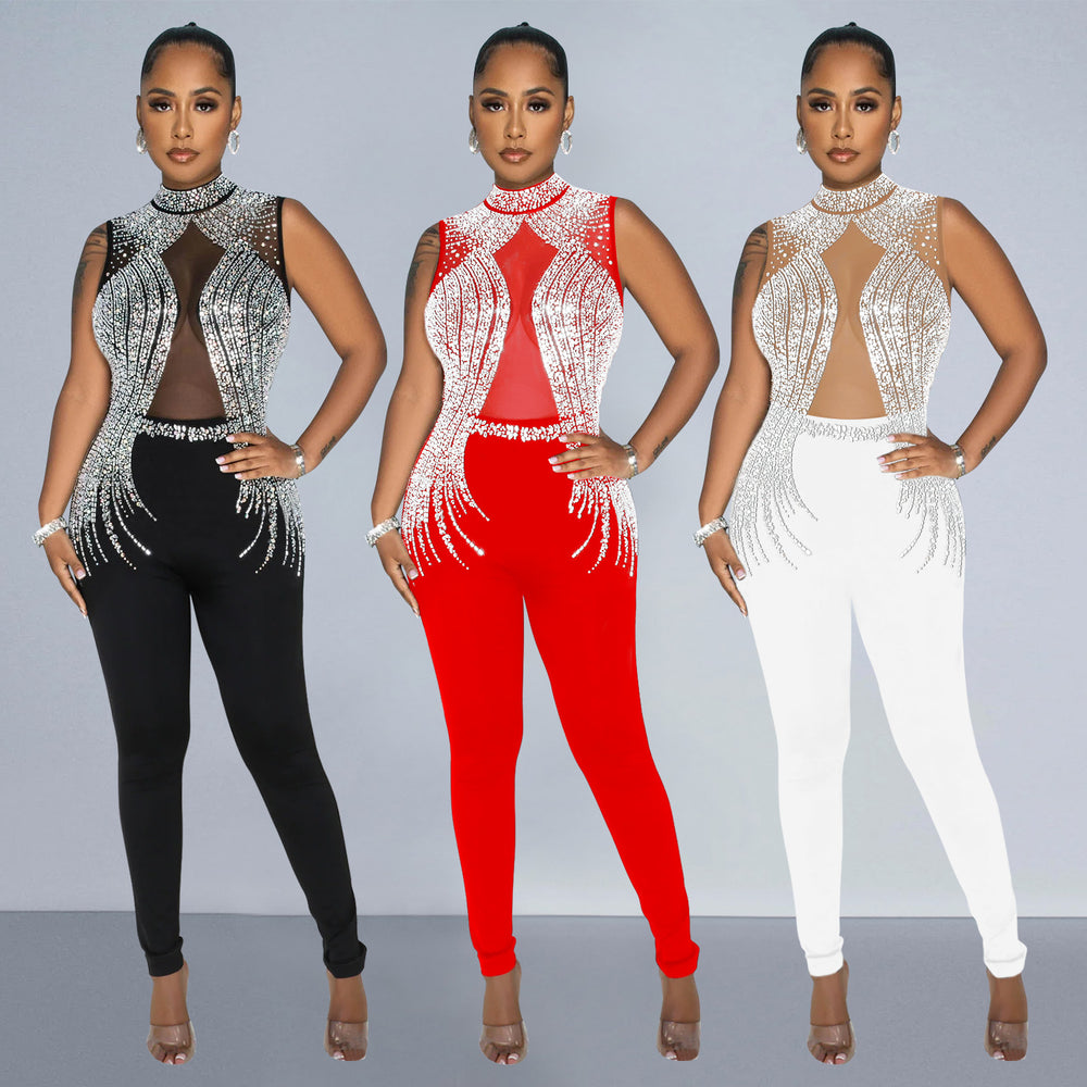 C6931 cross-border   fashion women's solid color mesh rhinestone sleeveless pants jumpsuit