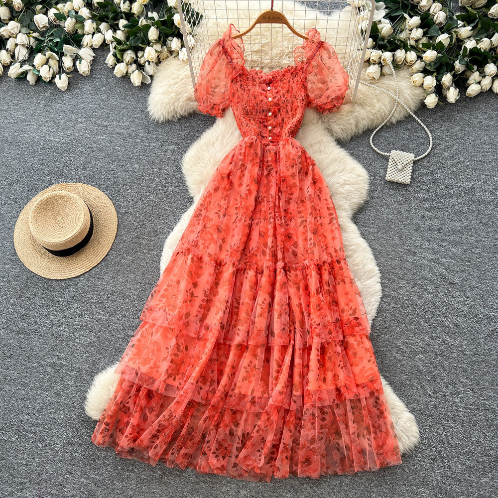 French gentle style puff sleeve floral dress women's summer k-style square collar high waist a-line elegant cake skirt slimming look