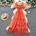 French gentle style puff sleeve floral dress women's summer k-style square collar high waist a-line elegant cake skirt slimming look