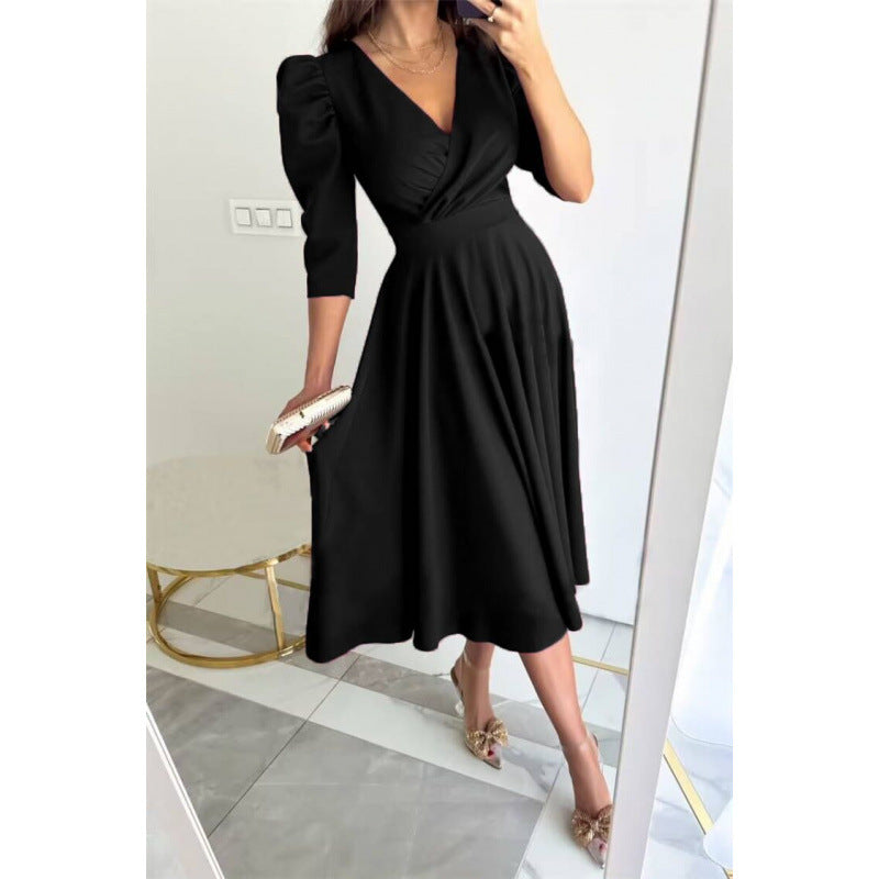 fashion women's clothing:  spring collection - solid color v-neck, cinched waist, pleated maxi dress
