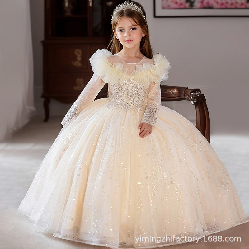 Amazon cross-border girls' evening dress, european and american style white flower girl wedding dress, high-end mesh birthday princess dress, banquet dress