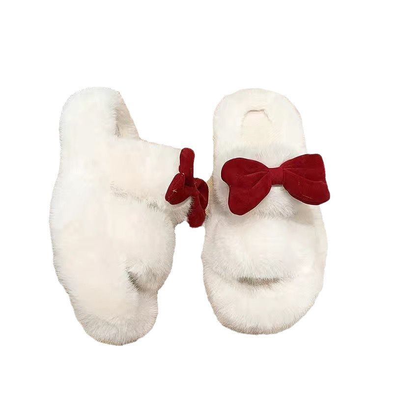 Thick sole cotton slippers for women autumn winteroutwear2024new arrivalpopularbowsbowsoutwearins furry slippers
