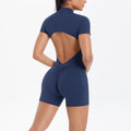 Large backless half open zipper short sleeve yoga jumpsuit dance fitness jumpsuit nude tight sports jumpsuit