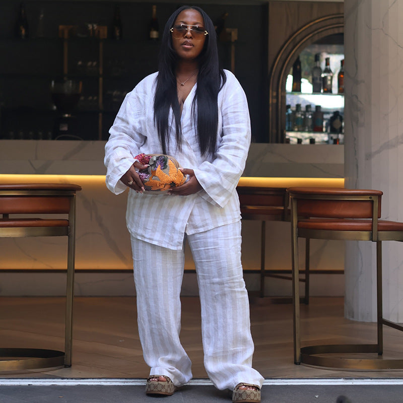European and american cross-border african women's fashion  autumn new collection: striped v-neck long sleeve shirt and wide-leg pants set