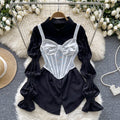 French court style high-end petite set: petal sleeve blouse + fishbone design camisole bandeau top