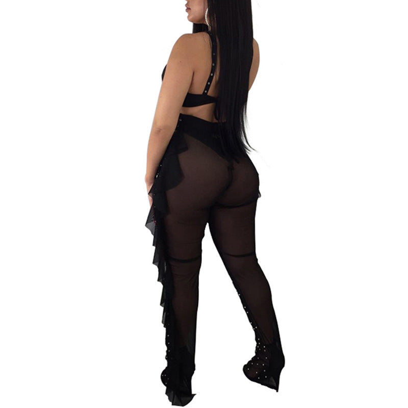 new arrival: cross-border  fashion - european & american style sexy mesh beaded ruffle trim bodycon set - tiktok trending