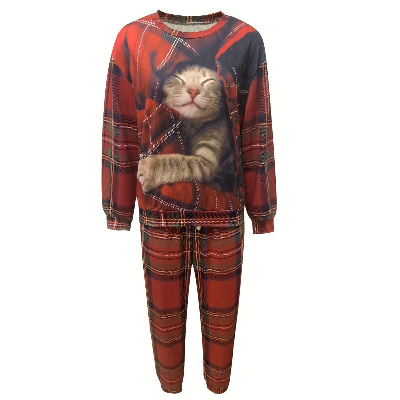 women's plaid cat print plus size two-piece outfit: long sleeve crewneck top and drawstring sweatpants