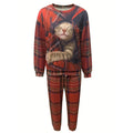 women's plaid cat print plus size two-piece outfit: long sleeve crewneck top and drawstring sweatpants