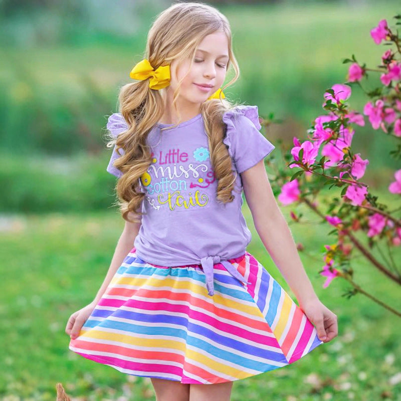 Kids' short-sleeve rainbow stripe top and strawberry mesh skirt set
