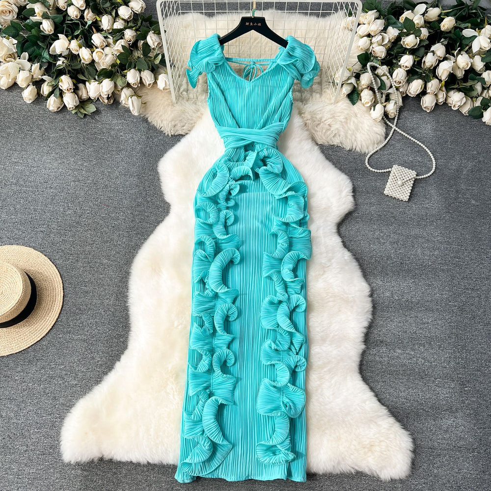 High-end banquet dress, premium affordable luxury, niche pleated three-dimensional ruffle trim, slim-fit long elegant dress for women