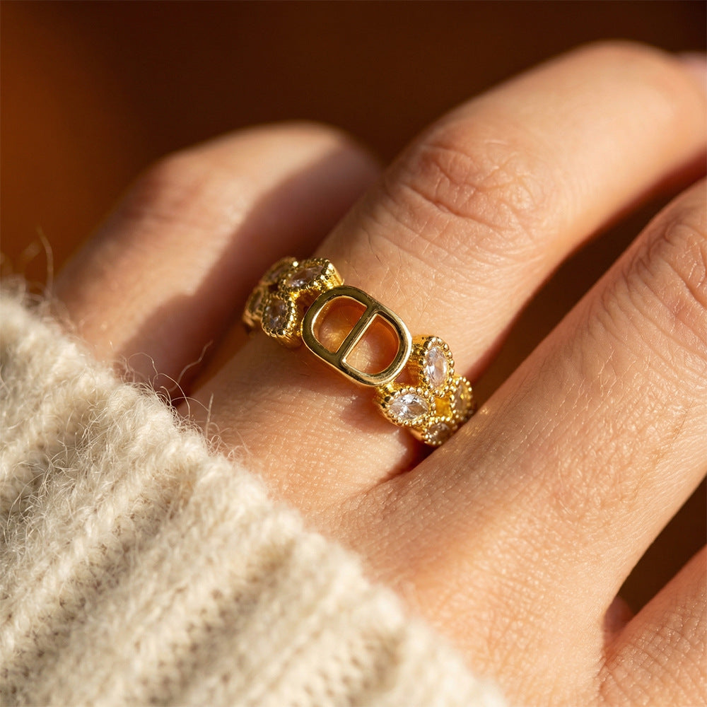 Popular copper inlaid zirconium letter ring for women, niche accessible luxury, versatile, open, adjustable, non-fading jewelry