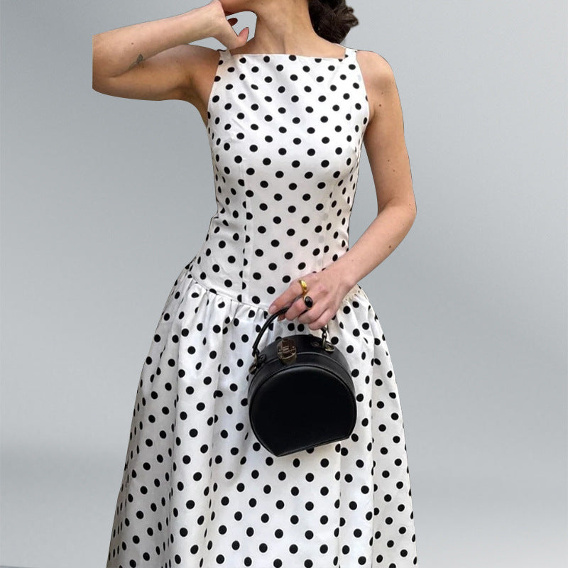 cross-border e-commerce european and american women's clothing: new summer collection - elegant polka dot slimming french dress with cinched waist