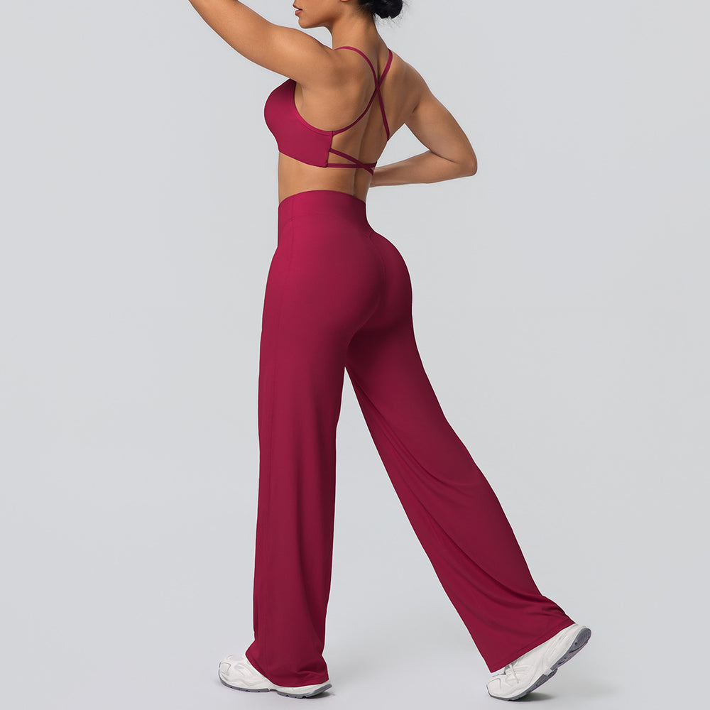 New arrival: cross-border brushed backless sports bra & breathable long-sleeve wide-leg yoga set - two-piece running & fitness outfit