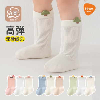 Babylon three-pair type a socks spring & fallpure color combed cotton knee socks socks boneless ear-lifting cartoon infant socks
