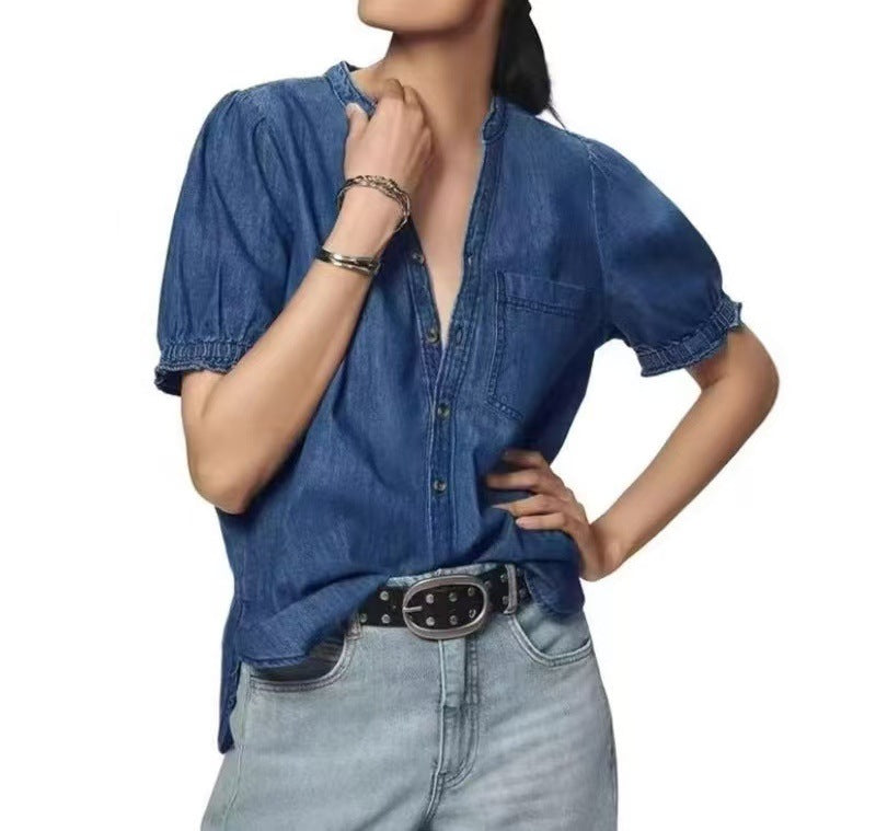 new european and american style versatile princess sleeve lightweight denim shirt casual top for women - perfect for cross-border e-commerce on  and