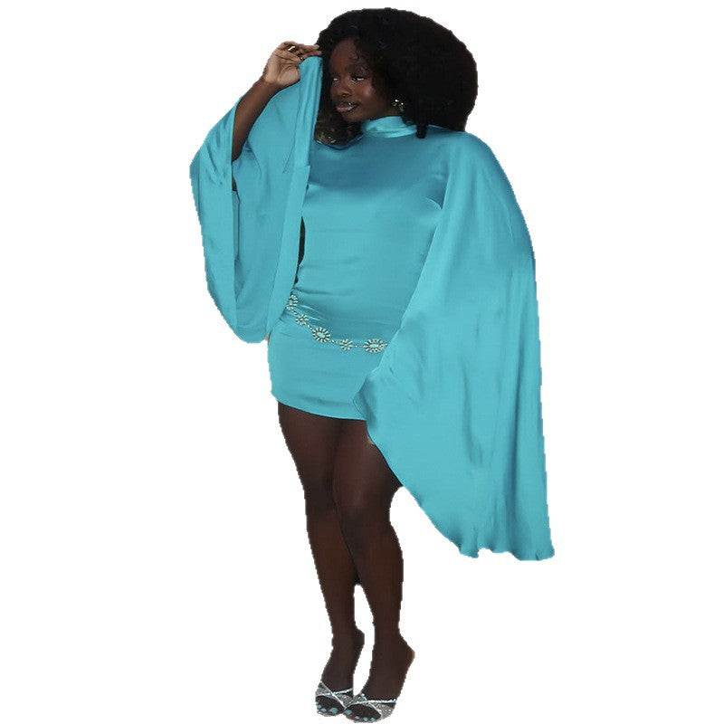 European and American  women's clothing 2025 autumn new fashion turtleneck cape big sleeve slim hip skirt party dress