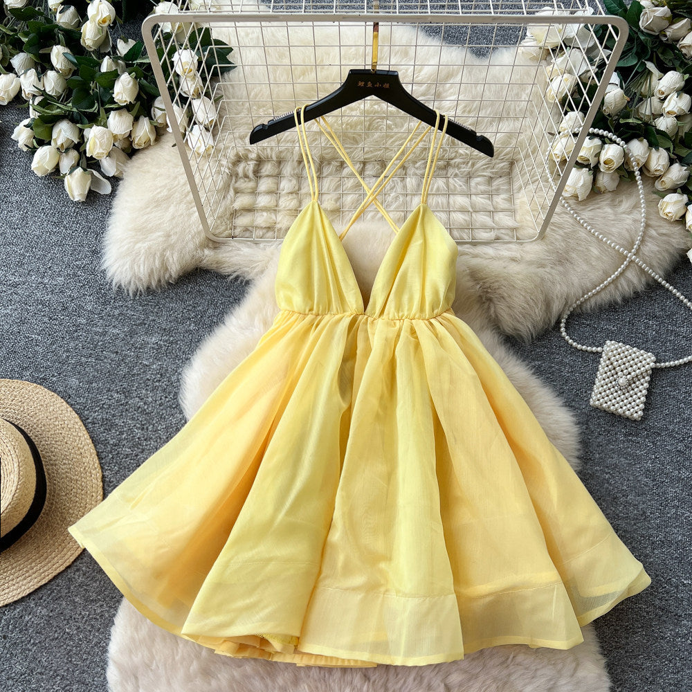Dopamine dress: yellow cami dress for women, summer korean style v-neck backless tie-up a-line dress, slimming vacation style