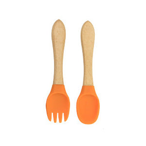 Factory direct sales silicone wooden handle complementary food fork and spoon  baby spoon baby training eating fork and spoon set wholesale