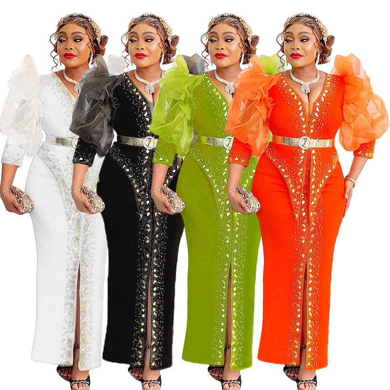 African-inspired women's slim-fit, long-sleeved, hot-fix rhinestone embellished maxi dress with bubble sleeves, suitable for cross-border e-commerce. includes belt