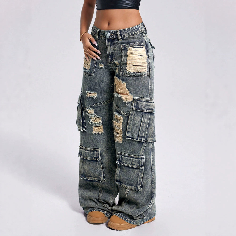 Distressed ripped workwear jeans for women, high-waisted, multi-pocket design, loose straight-leg, wide-leg, floor-sweeping style,  new arrival