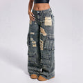 Distressed ripped workwear jeans for women, high-waisted, multi-pocket design, loose straight-leg, wide-leg, floor-sweeping style,  new arrival