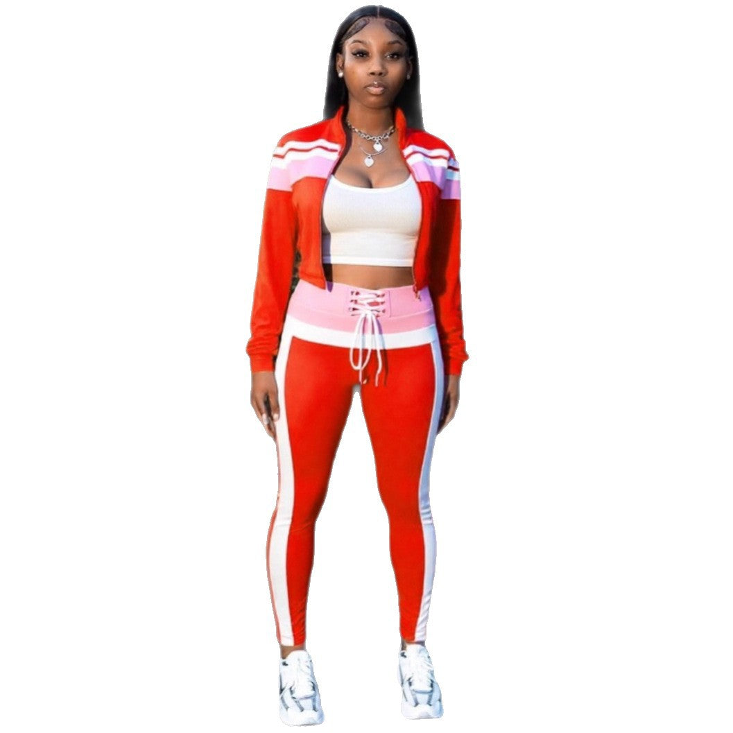 Cross-border European and American fashion street women's clothing contrasting colors splicing long-sleeved zipper cardigan sports and leisure trousers two-piece set