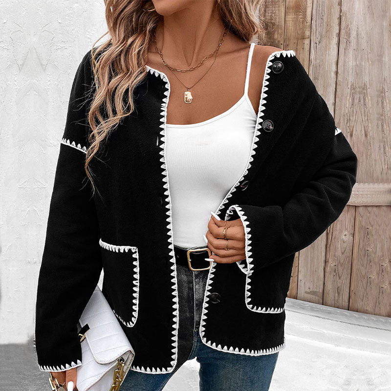 popular European, American autumn and winter explosive products  commuting casual loose white trim fleece jacket women