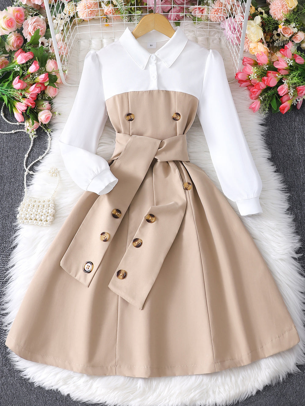 Children's long-sleeve collared button-up color block dress