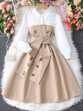 Children's long-sleeve collared button-up color block dress