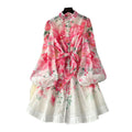 spring new arrival: elegant socialite stand collar single-breasted lantern sleeve printed tie-waist european and american style dress