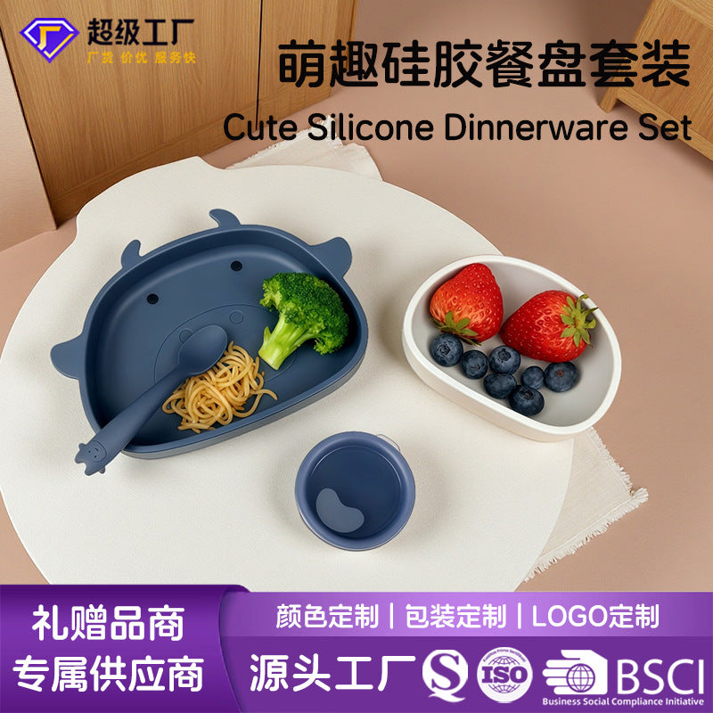 Kids' food-grade silicone utensil set - cross-border bestseller, baby self-feeding four-piece set, adorable infant cutlery set