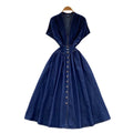 High-end women's dress:  summer collection - sophisticated deep v-neck, cinched waist, button-down, slim-fit, pleated casual denim dress