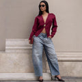 European and american style loose wool cardigan -  cross-border women's sexy deep v-neck metal button open front sweater