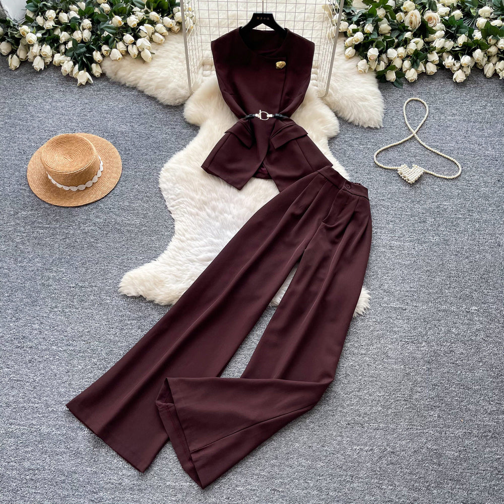 K-stylework clothing style vest high waistloose pantstwo-piece set women's summer silm type strap waist slimming looksuit