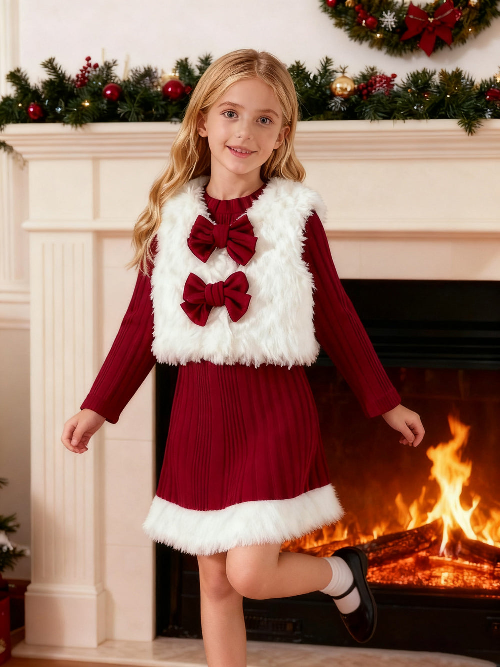 Girls' christmas outfit: white fleece vest with bow detail and matching red maxi skirt
