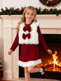 Girls' christmas outfit: white fleece vest with bow detail and matching red maxi skirt