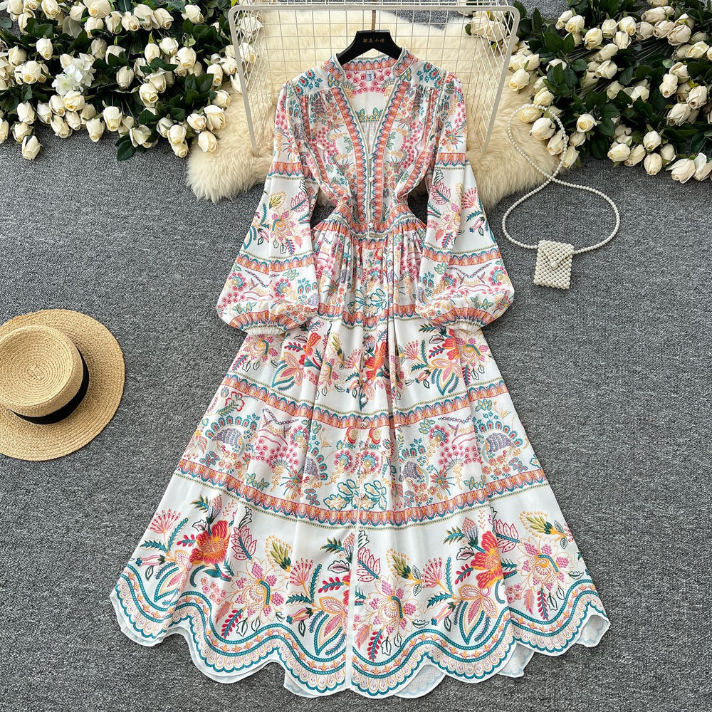 European and american style vintage print dress for women, new spring  collection, slim fit, elegant v-neck, single-breasted long dress