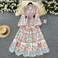 European and american style vintage print dress for women, new spring  collection, slim fit, elegant v-neck, single-breasted long dress