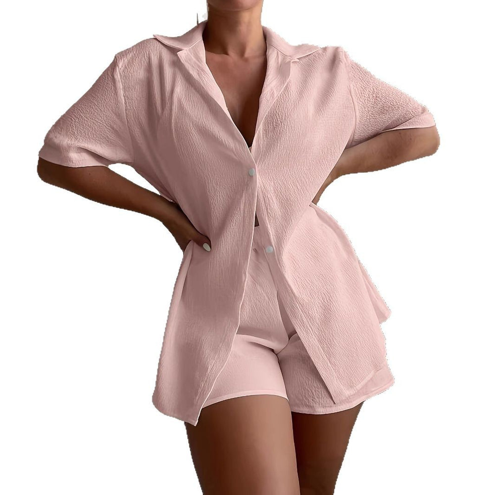 Summer tk european and american cross-border solid color shirt and shorts set - loose fit casual two-piece wholesale