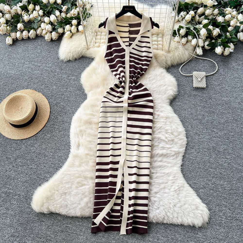 Summer dress: unique, high-end, sleeveless, slim-fit, color block striped knit dress with polo collar - bodycon maxi dress